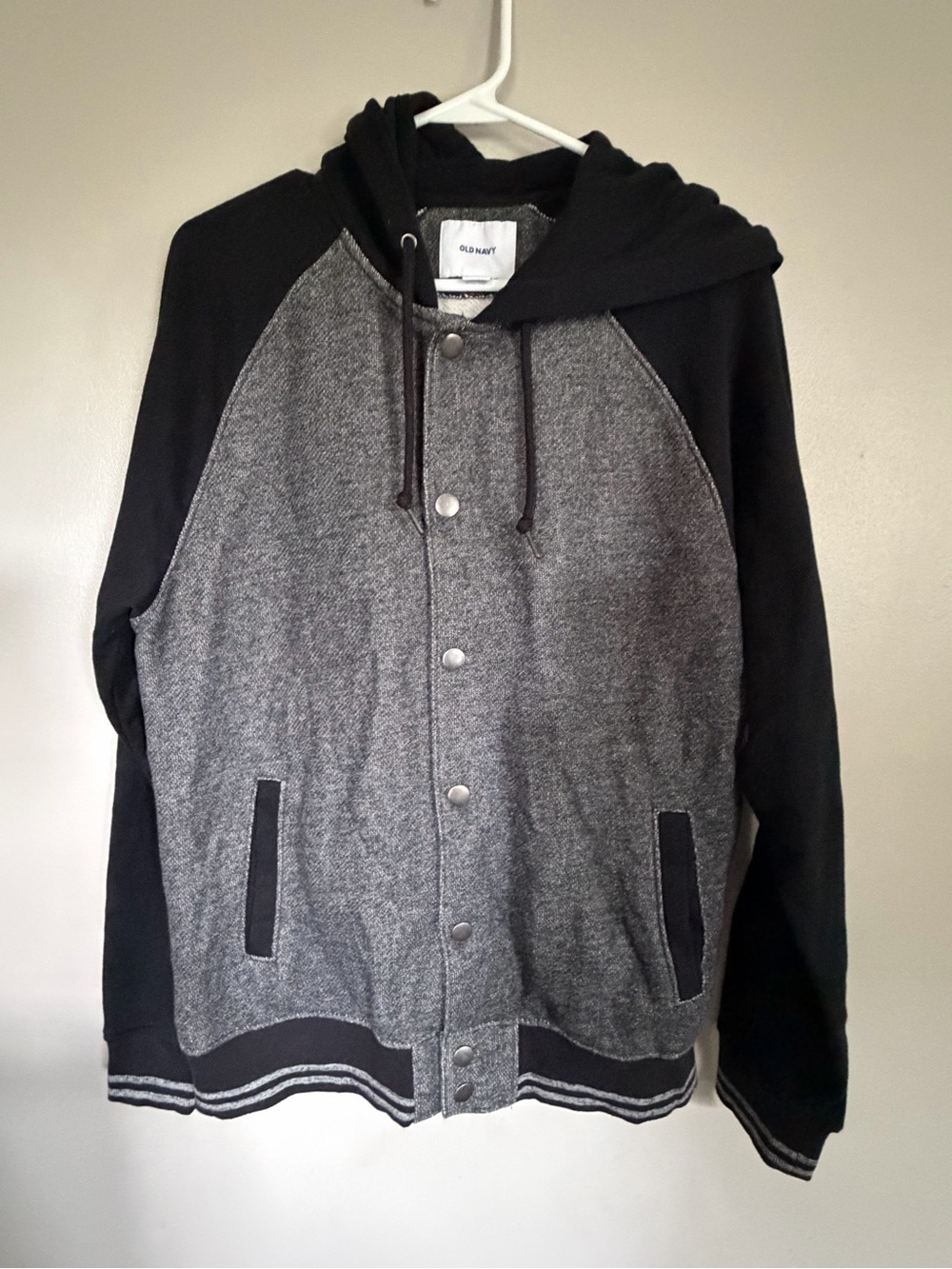 Old Navy Gray and Black Hooded Varsity Bomber Jacket